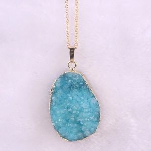Necklace w/ Blue Agate Druzy Stone Gold Surround and Gold Chain NEW NEVER WORN